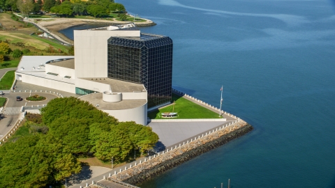 AX142_221.0000062 - Aerial stock photo of The waterfront John F. Kennedy Presidential Library, Boston, Massachusetts