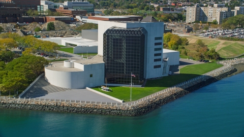 The John F. Kennedy Presidential Library beside a bay, Boston, Massachusetts Aerial Stock Photos | AX142_222.0000133