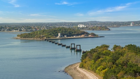 AX142_282.0000021 - Aerial stock photo of An unfinished bridge near Moon Island, Boston Harbor, Massachusetts