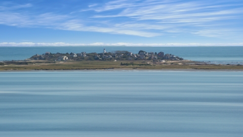 AX143_082.0000210 - Aerial stock photo of Plymouth Light and coastal community of Duxbury, Massachusetts