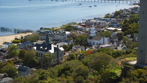 The Provincetown Town Hall and the Unitarian Universalist Meeting House, Provincetown, Massachusetts Aerial Stock Photos | AX143_229.0000000