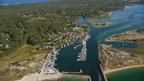 AX144_160.0000303 - Aerial stock photo of A coastal town by Menemsha Pond, Chilmark, Martha's Vineyard, Massachusetts