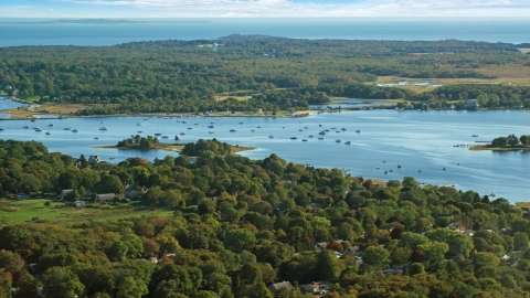 AX144_207.0000106 - Aerial stock photo of A view of boats in Apponagansett Bay, Dartmouth, Massachusetts