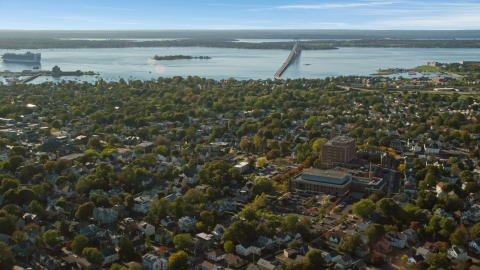 A coastal community near a bridge spanning the water, Newport, Rhode Island Aerial Stock Photos | AX144_227.0000210