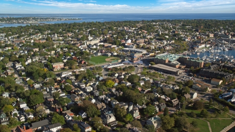 A baseball field surrounded by the coastal community of Newport, Rhode Island Aerial Stock Photos | AX144_230.0000305