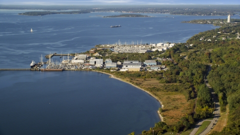 Marinas and warehouses on the coast in Portsmouth, Rhode Island Aerial Stock Photos | AX145_005.0000000