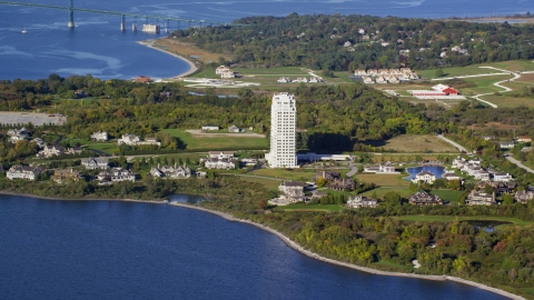 AX145_008.0000125 - Aerial stock photo of Upscale waterfront homes and condominium complex, Portsmouth, Rhode Island