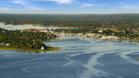 AX145_015.0000153 - Aerial stock photo of A small coastal town and waterfront homes, Warren, Rhode Island