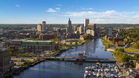 AX145_033.0000252 - Aerial stock photo of Skyscrapers in Downtown Providence and the Providence River, Rhode Island