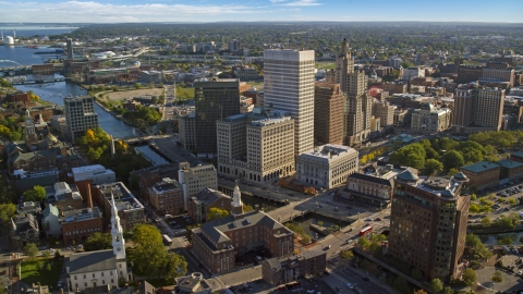 AX145_042.0000301 - Aerial stock photo of Tall downtown skyscrapers by the river, Downtown Providence, Rhode Island