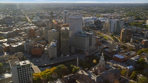 AX145_044.0000284 - Aerial stock photo of A view of city buildings and tall skyscrapers in Downtown Providence, Rhode Island