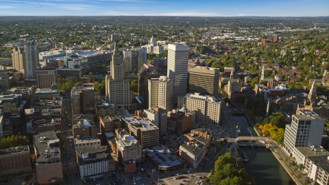 AX145_046.0000214 - Aerial stock photo of A group of city buildings and skyscrapers in Downtown Providence, Rhode Island