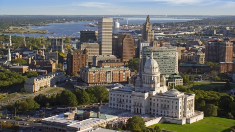 AX145_056.0000262 - Aerial stock photo of The Rhode Island State House, and Downtown Providence skyscrapers in background, Rhode Island