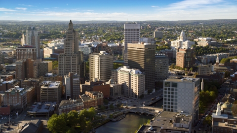 AX145_061.0000128 - Aerial stock photo of Skyscrapers towering over city buildings in Downtown Providence, Rhode Island