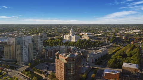 AX145_086.0000225 - Aerial stock photo of A view view of the Rhode Island State House from downtown, Providence, Rhode Island