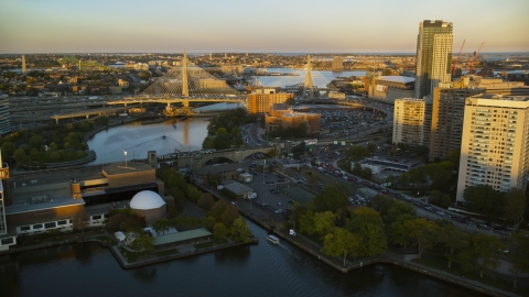 AX146_071.0000000F - Aerial stock photo of The Zakim Bridge in Boston, Massachusetts, sunset