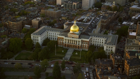 The Massachusetts State House in Downtown Boston, Massachusetts, sunset Aerial Stock Photos | AX146_086.0000161F