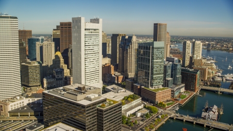 AX147_008.0000000 - Aerial stock photo of Downtown Boston skyscrapers along Fort Point Channel, Massachusetts