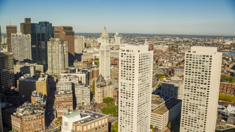 AX147_009.0000114 - Aerial stock photo of Skyscrapers and Custom House Tower, Downtown Boston, Massachusetts