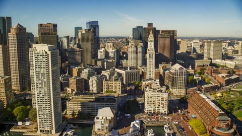 AX147_009.0000292 - Aerial stock photo of Custom House Tower, skyscrapers, and high-rises in Downtown Boston, Massachusetts