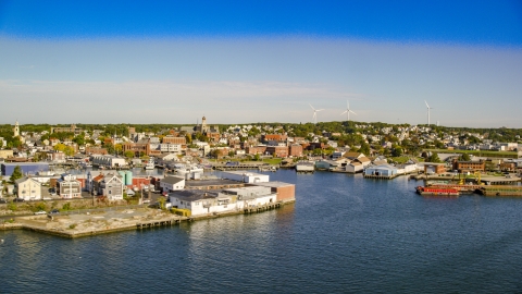 A coastal town with small warehouse buildings, Gloucester, Massachusetts Aerial Stock Photos | AX147_087.0000192