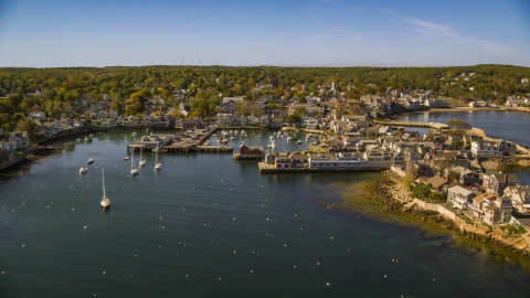 A small coastal town beside a harbor, Rockport, Massachusetts Aerial Stock Photos | AX147_119.0000000