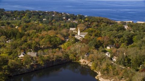 A church in a small coastal town in autumn, Gloucester, Massachusetts Aerial Stock Photos | AX147_132.0000052