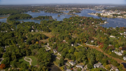 AX147_199.0000000 - Aerial stock photo of Autumn trees in a coastal town, New Castle, Portsmouth, New Hampshire