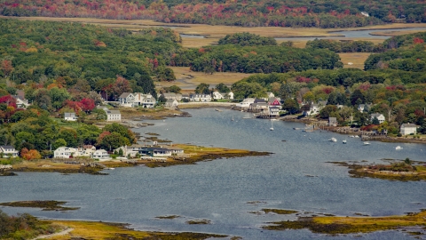 AX147_259.0000000 - Aerial stock photo of Waterfront homes around a small cove in autumn, Kennebunkport, Maine