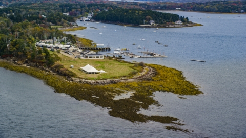 A pavilion and green lawn on an island, autumn, Harpswell, Maine Aerial Stock Photos | AX147_374.0000200