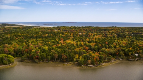 AX147_383.0000000 - Aerial stock photo of A colorful forest and rural homes, Phippsburg, Maine