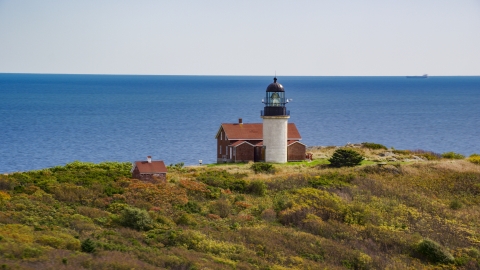 Seguin Light, with a view of the ocean, on Seguin Island, autumn, Phippsburg, Maine Aerial Stock Photos | AX147_392.0000000