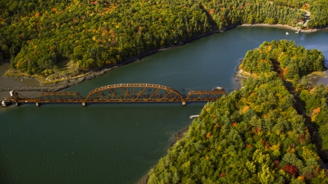 A bridge spanning Sheepscot River in autumn, Newcastle, Maine Aerial Stock Photos | AX148_006.0000195