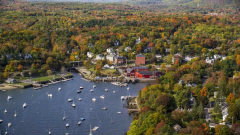 A small coastal town beside a harbor in autumn, Rockport, Maine Aerial Stock Photos | AX148_101.0000000