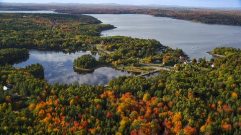 Fall foliage around a pond and coastal town, Bar Harbor, Maine Aerial Stock Photos | AX148_230.0000028