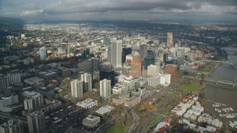 AX153_073.0000000F - Aerial stock photo of The tall high-rises of Downtown Portland, Oregon