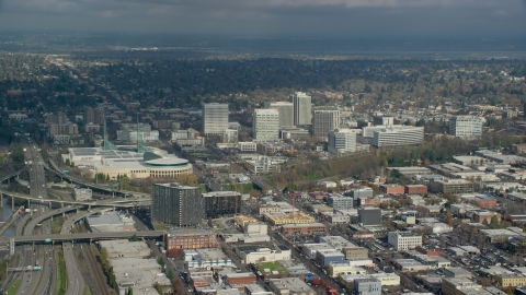 AX153_091.0000000F - Aerial stock photo of Oregon Convention Center and office buildings in the Lloyd District of Portland, Oregon