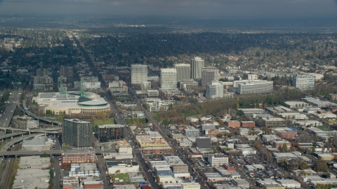 The Oregon Convention Center near office buildings in Lloyd District of Portland, Oregon Aerial Stock Photos | AX153_091.0000094F