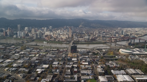 AX153_103.0000249F - Aerial stock photo of The Burnside Bridge leading to Downtown Portland, Oregon