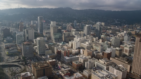 AX153_105.0000355F - Aerial stock photo of The high-rises of Downtown Portland, Oregon