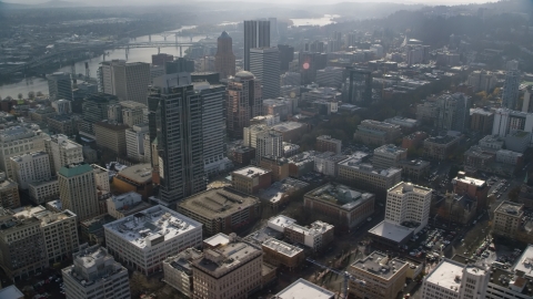 AX153_107.0000206F - Aerial stock photo of Park Avenue West Tower and nearby skyscrapers in Downtown Portland, Oregon