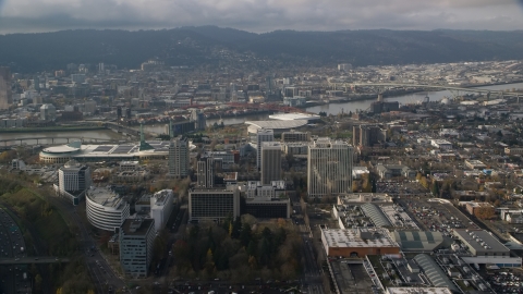 Convention center and office buildings near Moda Center and the Willamette River, Portland, Oregon  Aerial Stock Photos | AX153_111.0000000F