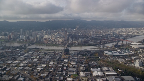 Downtown Portland, Willamette River bridges, and the convention center, seen from Lloyd District in Oregon Aerial Stock Photos | AX153_129.0000000F