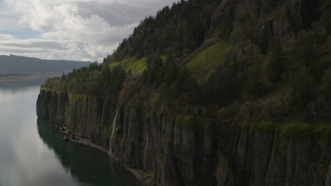 Cliffs with waterfalls in Columbia River Gorge, Washington Aerial Stock Photos | AX154_010.0000171F