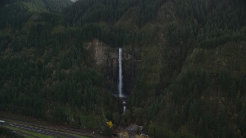 AX154_020.0000226F - Aerial stock photo of Multnomah Falls in Columbia River Gorge, Multnomah County, Oregon