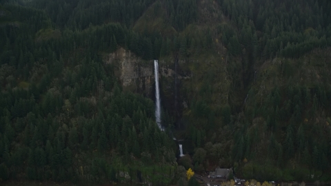 AX154_020.0000348F - Aerial stock photo of The Multnomah Falls waterfall in Columbia River Gorge, Multnomah County, Oregon