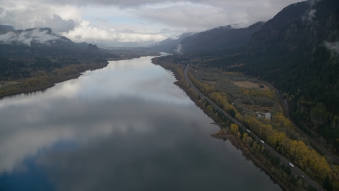 AX154_022.0000000F - Aerial stock photo of The Columbia River Gorge on the Multnomah County, Oregon side of the river