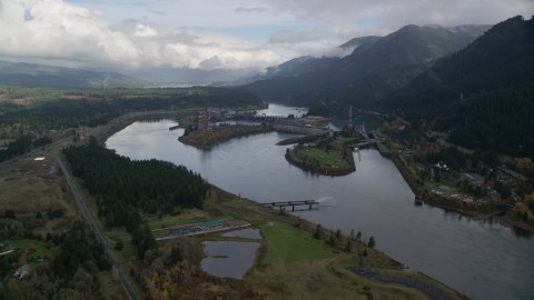 AX154_028.0000000F - Aerial stock photo of The Bonneville Dam and the Columbia River in the Columbia River Gorge