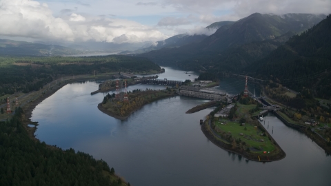 Bonneville Dam in the Columbia River, Columbia River Gorge Aerial Stock Photos | AX154_028.0000241F