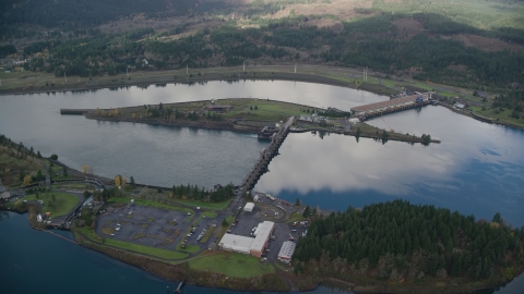 AX154_036.0000274F - Aerial stock photo of The Bonneville Dam in the Columbia River, Columbia River Gorge